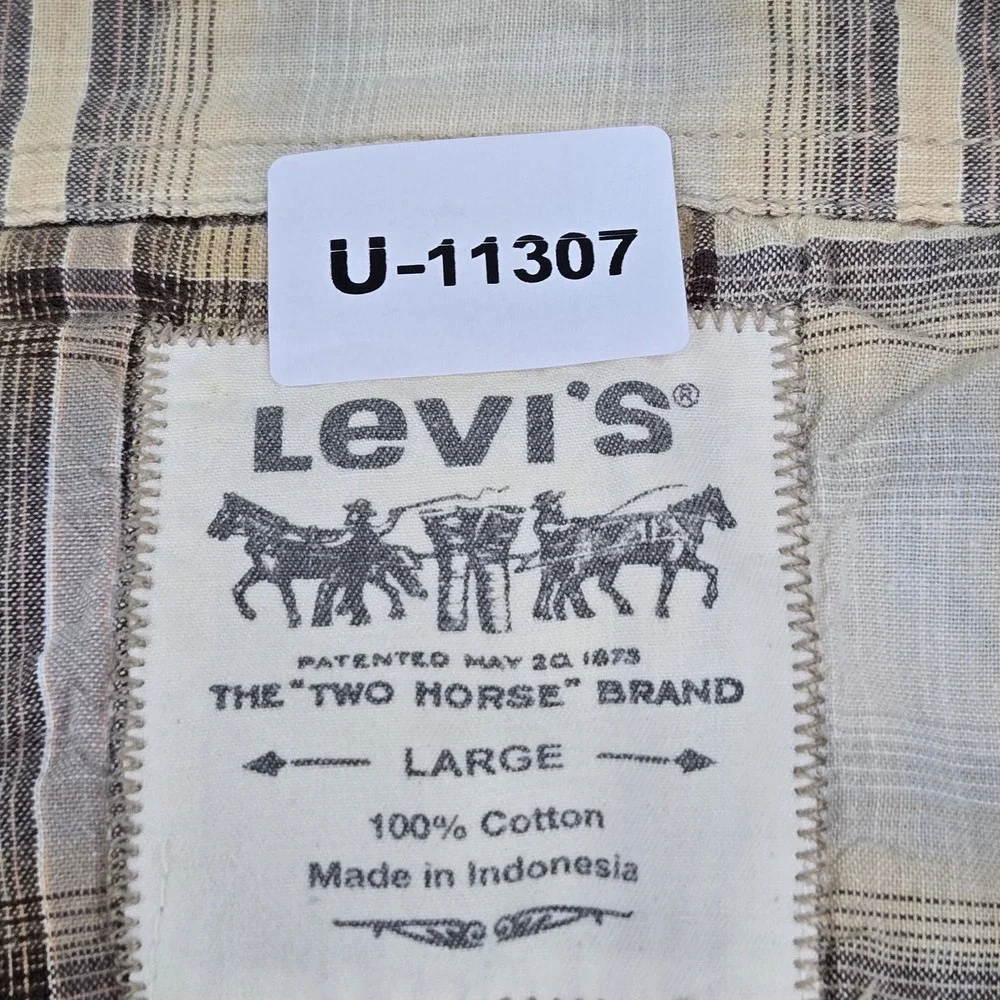 Levi's Men Button‎ Up Shirt LARGE Beige Plaid Western Short Sleeve